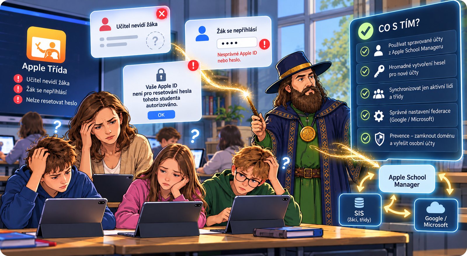 Úvodná ilustrácia k článku Apple Classroom nejde časti žiakov? Chyba býva v spravovaných účtoch