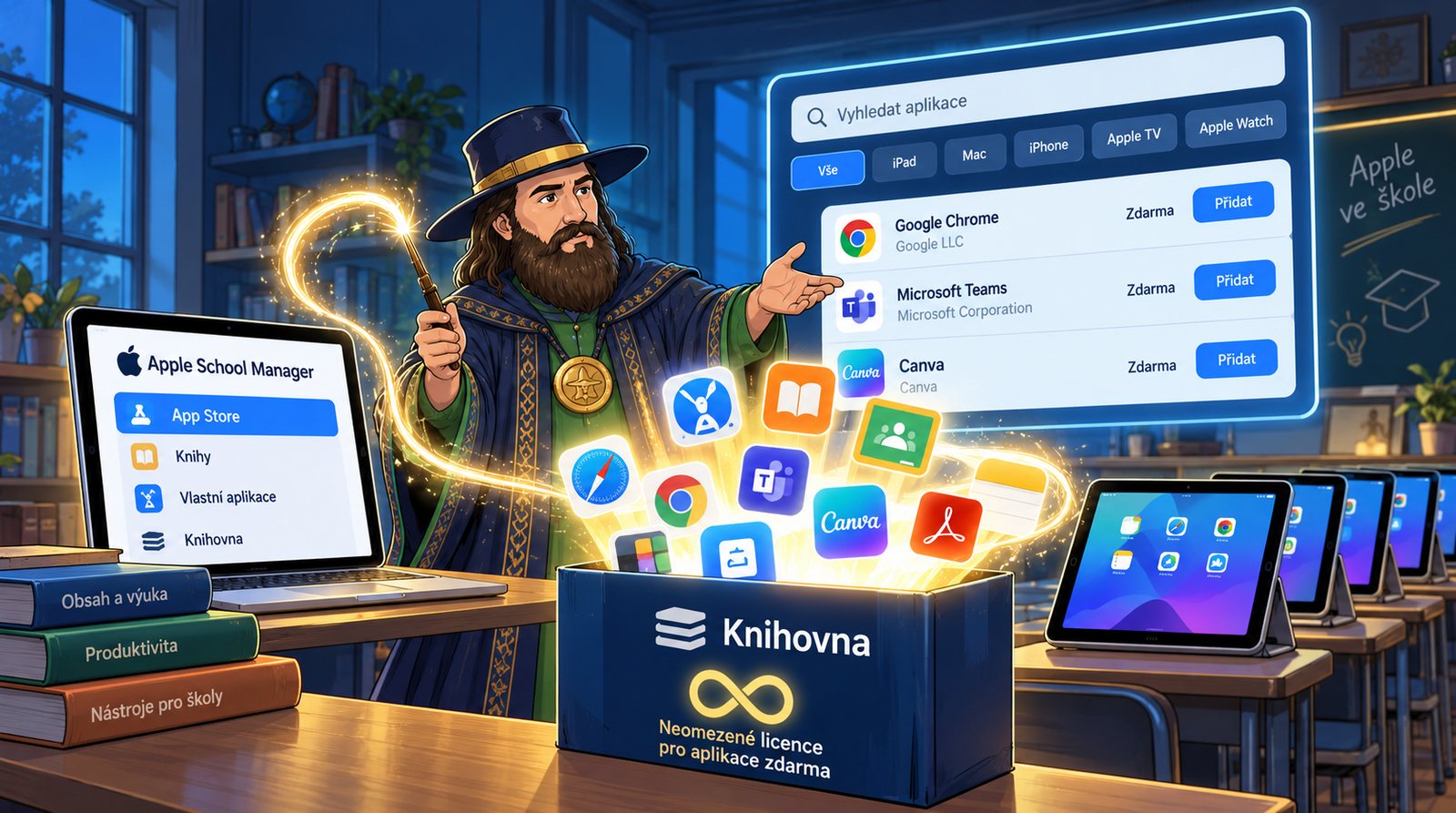 Úvodná ilustrácia k článku Apple School Manager: aplikácie zadarmo majú neobmedzené licencie a nákup má nový vzhľad