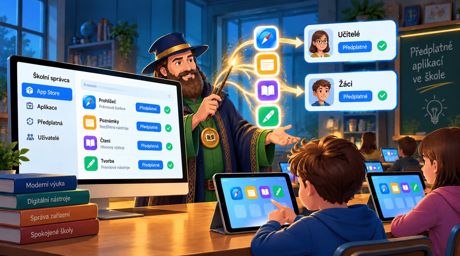 Úvodní ilustrace k článku Předplatné aplikací v Apple School Manageru: škola ho koupí a Hanus.ai přiřadí učitelům i žákům