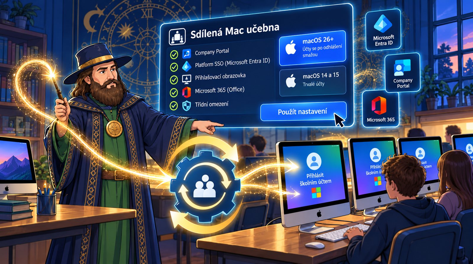 Úvodná ilustrácia k článku Zdieľaná Mac učebňa: prihlásenie školským účtom Microsoft nastavíte jednou kartou