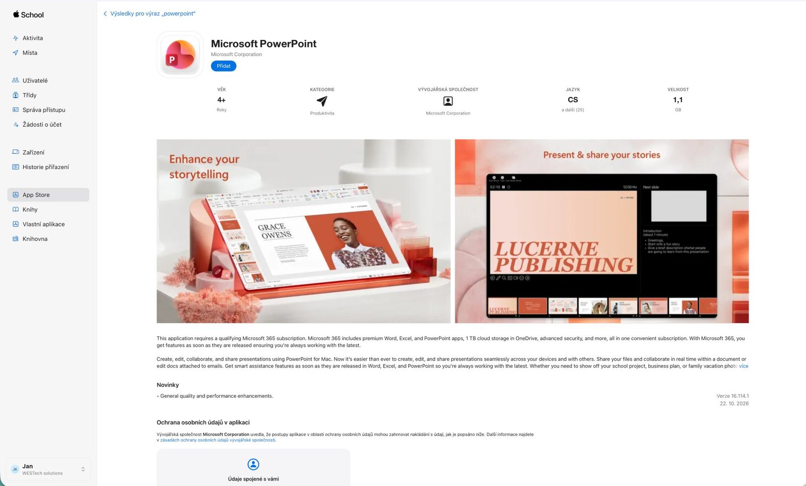 Detail aplikácie Microsoft PowerPoint v sekcii App Store v Apple School Manageri s tlačidlom Přidat, vekom 4+, kategóriou Produktivita, jazykom CS a veľkosťou 1,1 GB (snímka z českej verzie ASM)