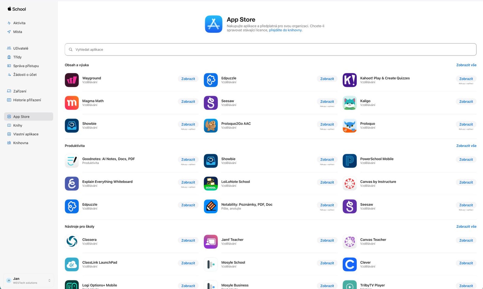Nová sekcia App Store v Apple School Manageri: bočné menu s položkami App Store, Knihy, Vlastní aplikace a Knihovna, hore text o nákupe aplikácií a predplatného pre organizáciu a kategórie Obsah a výuka, Produktivita, Nástroje pro školy (snímka z českej verzie ASM)