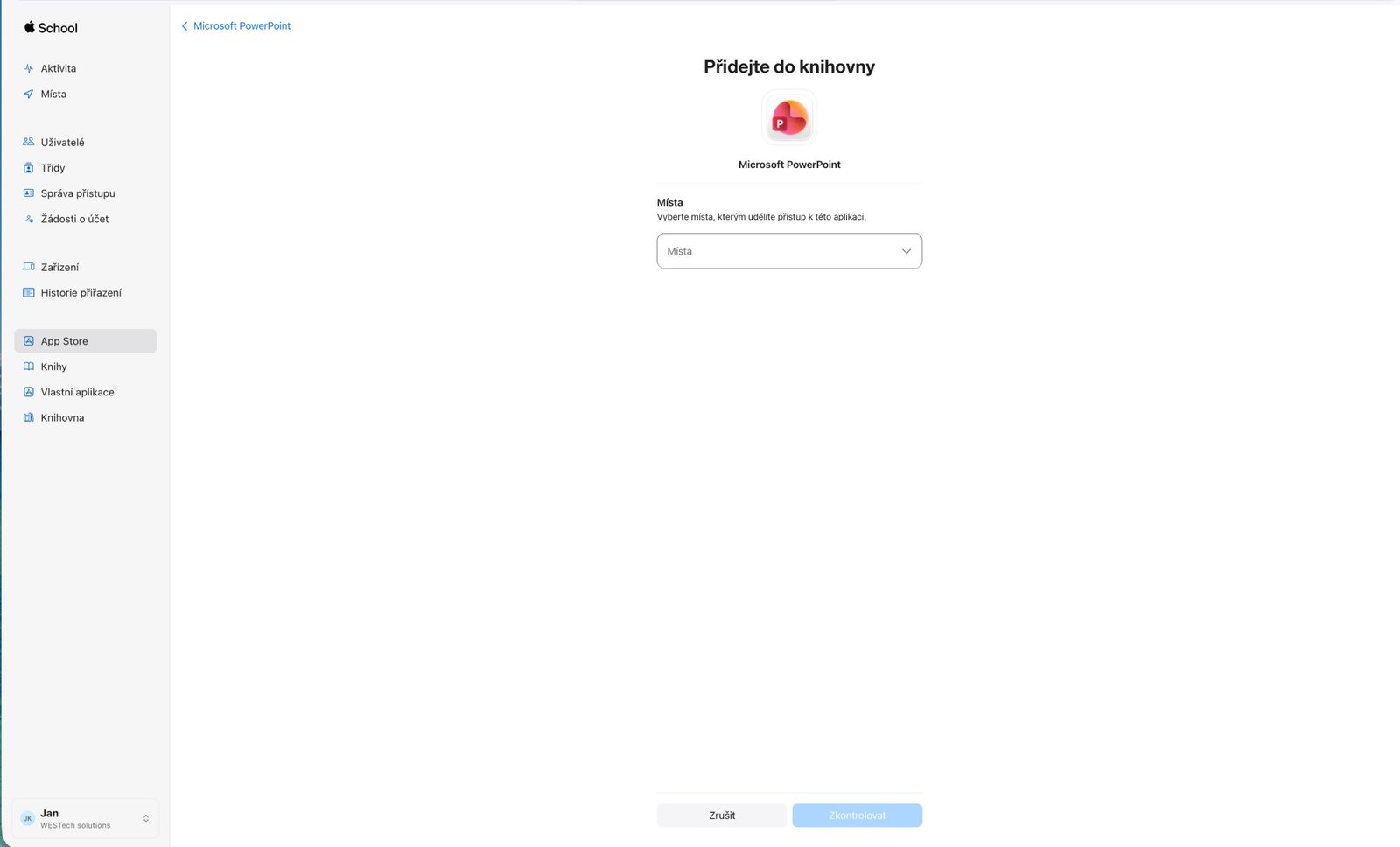 Obrazovka Přidejte do knihovny v Apple School Manageri s výberom miest („Vyberte místa, kterým udělíte přístup k této aplikaci“) a tlačidlami Zrušit a Zkontrolovat (snímka z českej verzie ASM)