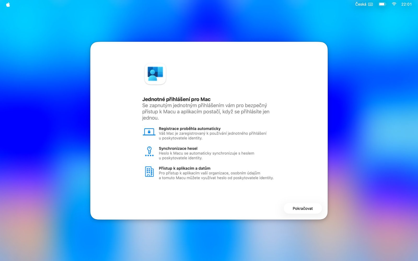 Mac v sprievodcovi nastavením: Jednotné prihlásenie pre Mac, registrácia prebehla automaticky (snímka v češtine)