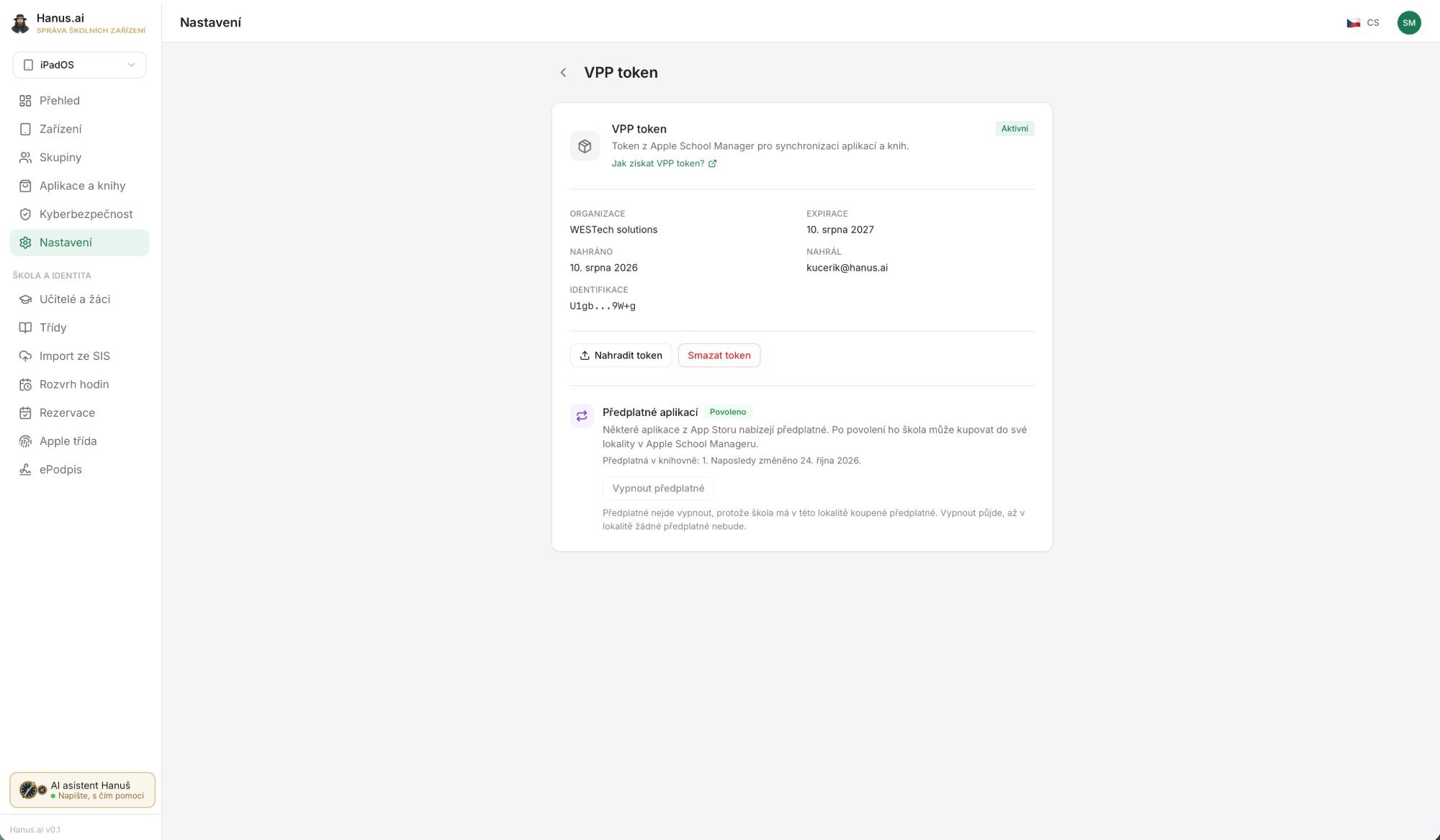 Nastavení Hanus.ai, karta VPP token: sekce Předplatné aplikací se stavem Povoleno, počet předplatných v knihovně a vysvětlení, že vypnout předplatné nejde, dokud má škola v lokalitě koupené předplatné