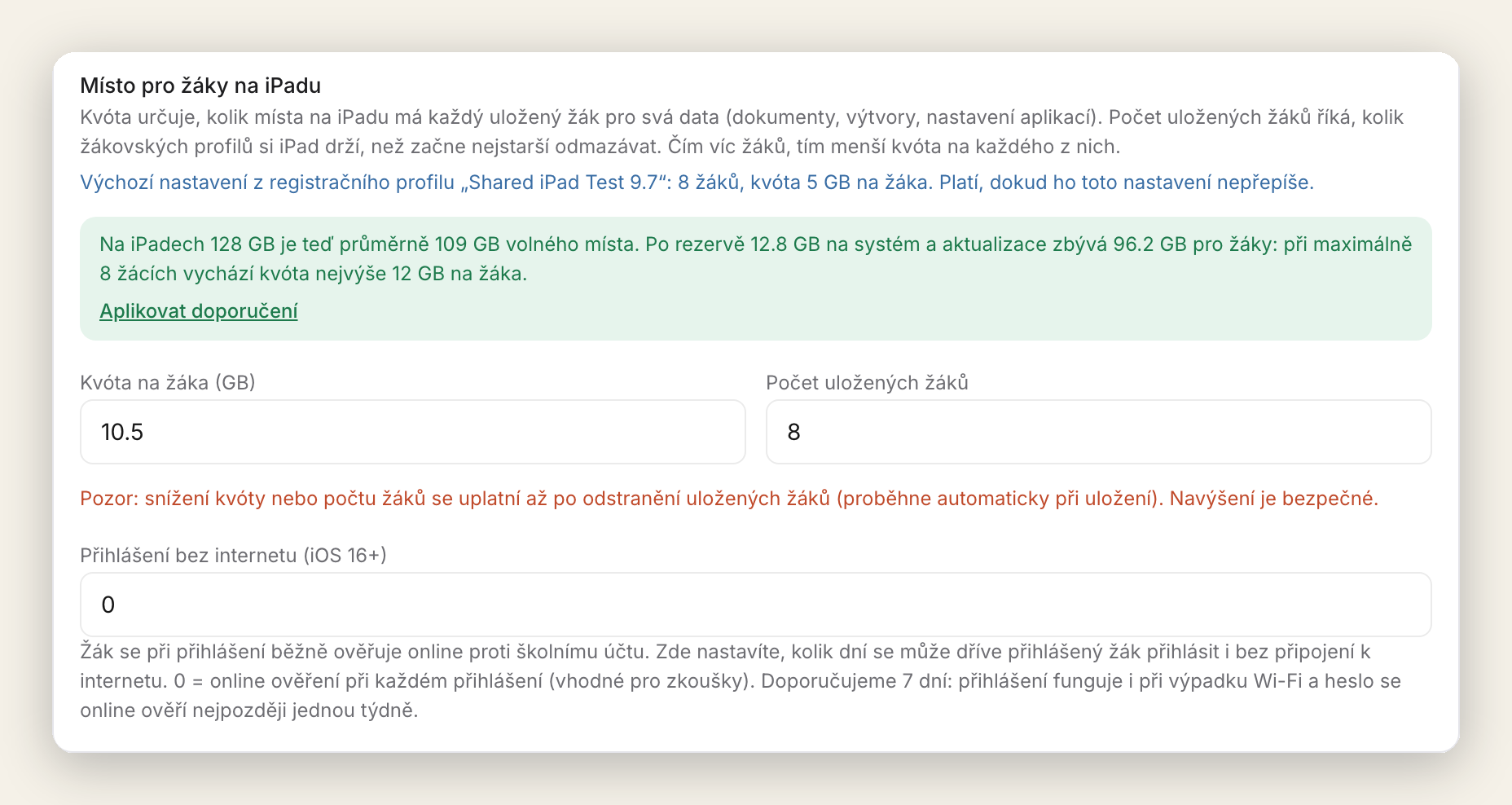 Nastavenie kvóty a počtu uložených žiakov na zdieľanom iPade v Hanus.ai, vrátane offline prihlásenia