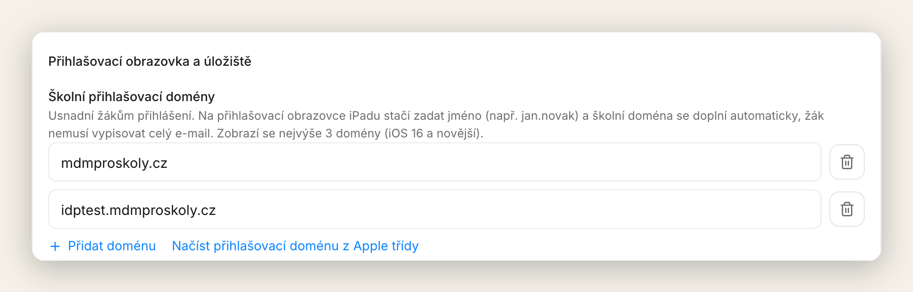 Školské prihlasovacie domény zdieľaného iPadu v Hanus.ai s tlačidlom Načítať doménu z Apple Classroom