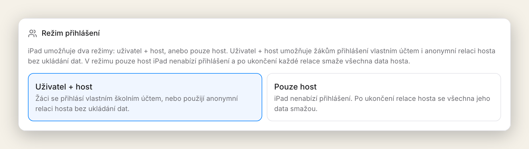 Výber režimu prihlásenia zdieľaného iPadu v Hanus.ai: používateľ plus hosť, alebo iba hosť